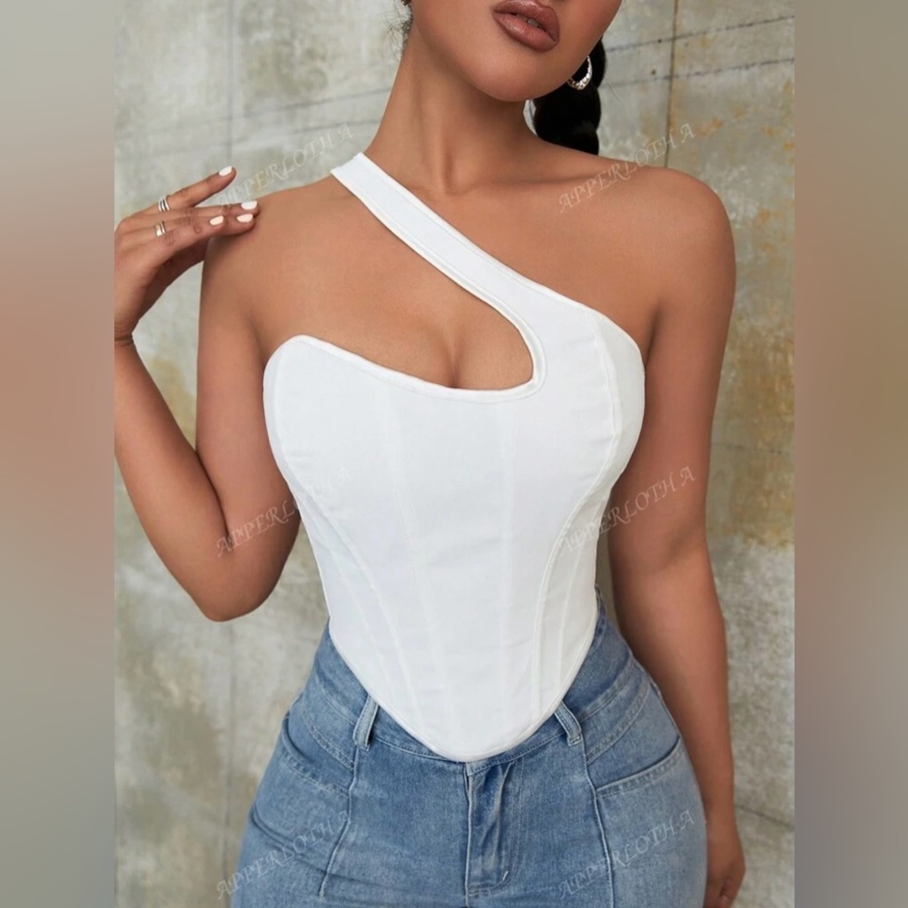 SHEIN White Asymmetrical White One Shoulder Lace Up Back Shapewear Corset Top